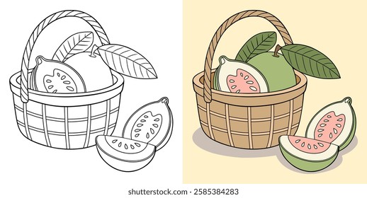 Artistic rendering of guavas in a basket depicted in two styles: colored and black-and-white. Depicting fruit, nature, and creativity, suitable for design, art projects, and educational purposes.