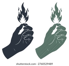 Artistic rendering of hand clutching bright flame representing passion power and energy heat