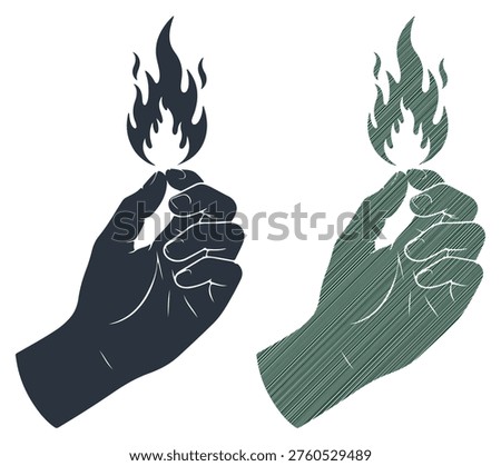 Artistic rendering of hand clutching bright flame representing passion power and energy heat