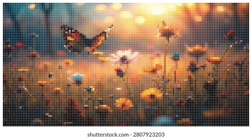 Artistic rendering of lepidoptera near blossoms, warm bokeh background, digital circular pattern, vibrant natural beauty, whimsical meadow scenery.