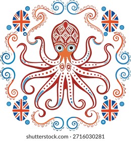 Una representación artística de un pulpo, centrado en el marco, se presenta con un diseño detallado y estilizado