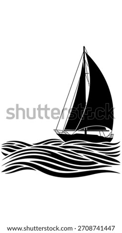 An artistic rendering of a sailboat is depicted as sailing on wavy sea waters. This design conveys a sense of adventure, freedom and represents a tranquil escape out on the water. Its sleek lines