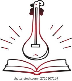 Una representación artística de un sitar y un libro abierto en rojo y blanco