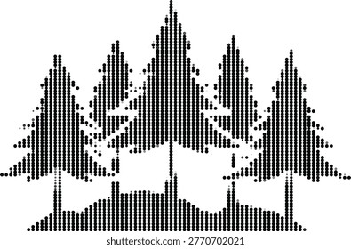 Artistic rendition of a forest landscape with trees and ground, all composed of small black dots on a transparent background.