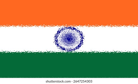 Uma interpretação artística da bandeira nacional indiana com um efeito texturizado, com listras de açafrão, branco e verde, e um Ashoka Chakra azul estilizado no centro, simbolizando orgulho e patriotismo