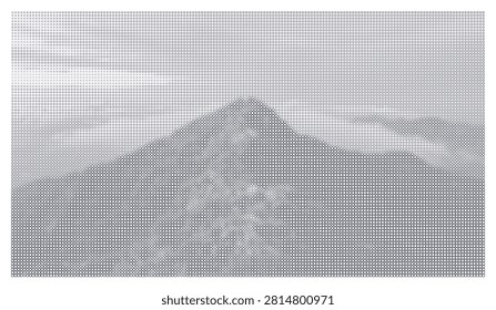 Artistic rendition of mount fuji created with varying sizes of circles forming halftone screen effect iconic japanese landmark scene for modern graphic design projects.