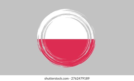 Artistic rendition of the Polish flag, presented as a bold grunge brush-stroke circular design, proudly set against a subtle gray background.