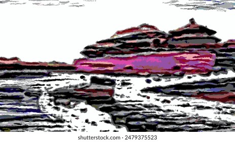 An artistic representation of a abstract picturesque landscape with buildings when viewed from a height. An image for interior decoration. An element of a graphic work of art on canvas.