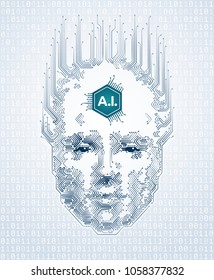 Artistic Representation Of Artificial Intelligence. Human face formed from electronic pattern of printed circuit board. Illustration on the subject of 'Future Technologies'.