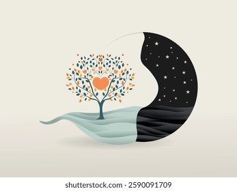 Artistic representation of bipolar disorder featuring a heart-shaped tree in a landscape divided between light and darkness, symbolizing emotional highs and lows.