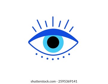 Artistic representation of a blue eye with radiating lines above and dots below, using simple shapes.