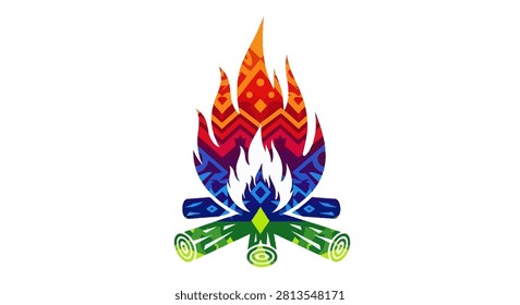 An artistic representation of a campfire featuring stylized flames with intricate patterns in a spectrum of colors set against a clean white background