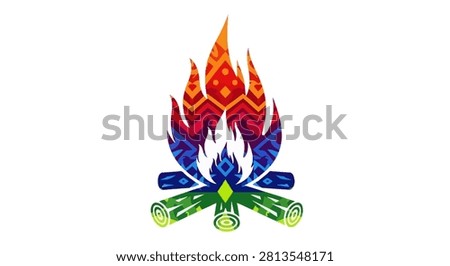 An artistic representation of a campfire featuring stylized flames with intricate patterns in a spectrum of colors set against a clean white background
