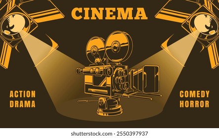 Uma representação artística do cinema apresenta uma câmera de cinema vintage no centro cercada por holofotes brilhantes destacando vários gêneros de filmes como comédia e horror de drama de ação.