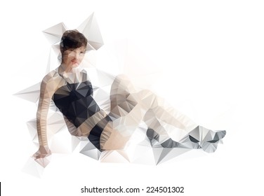 Artistic representation and contemporary expression: striking young woman lounges gracefully against pristine white surround, embodying elegant design and bold fashion sensibility. Mid-twenties female model displays short chic hairstyle while wearing form-fitting black bodysuit that enhances silhouette, communicating sophisticated allure. Figure leans casually backward on one arm with legs extended deliberately, creating relaxed yet provocative pose surrounded by intricate geometric shapes in various gray and white shades. Sharp polygonal elements merge organic forms with digital aesthetics, playing with illumination and shadow to suggest movement and fluid dimension. Uniform bright lighting enhances clarity of shapes and subject's features, reinforcing clean minimalist atmosphere ideal for fashion publications or artistic lifestyle concepts. Visual complexity captivates viewers with modern intrigue, making scene perfect for digital marketing campaigns targeting youthful audiences or creative commercial projects. Prominent positioning in frame allows ample negative space for text overlay, enhancing commercial usability while maintaining engaging balance.