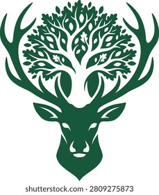 Artistic representation of a deer with a tree integrated into its antlers, symbolizing nature