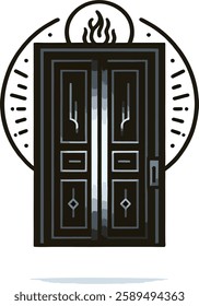 An artistic representation of a door with a flame above, symbolizing the concept of immortality. The design features clean lines, a circular frame, and a modern aesthetic