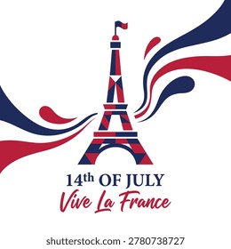 Artistic representation of the Eiffel Tower with patriotic colors and festive elements for Bastille Day celebration.