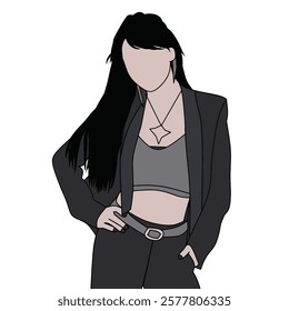 Artistic representation of a fashionable woman wearing a black blazer and trousers, showcasing chic style and minimalism with a contemporary stance, confident posture, and sophisticated appeal.