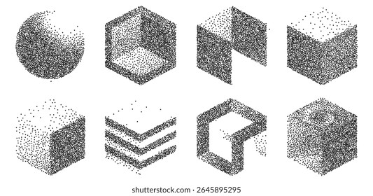 Representação artística apresenta diversas formas geométricas compostas de pontos detalhados. O arranjo inclui esferas, cubos e hexágonos, ideais para vários conceitos de design.