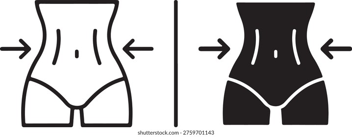 An artistic representation of a human midsection showing the concept of weight loss and body transformation through diet and exercise programs focusing on the waist area which is often a target for those seeking to improve their physical health and appearance by reducing abdominal fat and tightening the core muscles to achieve a more slender silhouette as depicted by the inward pointing arrows that suggest compression or narrowing of the waistline area which signifies the successful outcome of a dedicated fitness journey or a healthy lifestyle change that emphasizes the importance of maintaining a balanced physique through consistent physical activity and mindful eating habits thereby promoting overall wellness and confidence in one's own body image and the visual comparison between the two styles of icons highlights the versatility of the design for various applications in the health and wellness industry such as gym websites fitness tracking applications weight loss blogs or nutritional consulting services where communicating the idea of slimming down or body sculpting is essential for engaging with clients who are looking for motivation and guidance on their path to achieving their personal fitness goals and maintaining a healthy weight while feeling strong and confident in their daily lives and personal interactions isolated on white background, illustration