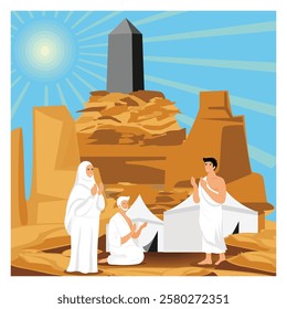 Artistic representation of individuals praying near a tent near a holy monument, symbolizing spirituality, faith, and pilgrimage in a serene desert environment with natural sunlight. 