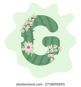 Una representación artística de la letra G elaborada a partir de un cactus con vibrantes decoraciones florales.