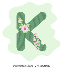 Uma representação artística da letra K trabalhada a partir de formas de cactos adornadas com desenhos florais vibrantes.