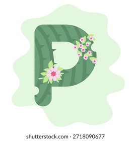 Una representación artística de una letra P diseñada como un cactus con decoraciones florales sobre un fondo verde claro.