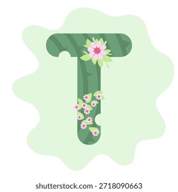 An artistic representation of the letter T styled as a cactus with vibrant floral decorations against a light green backdrop.