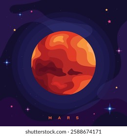 An artistic representation of Mars in a flat style, highlighting its iconic red color and surface details in a minimalist approach and modern design.