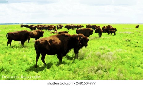 An artistic representation of a picturesque field with grazing animals.  An image for interior decoration. An element of a graphic work of art on canvas.