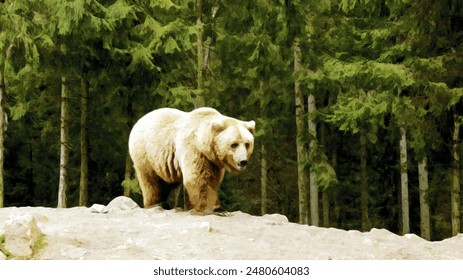 An artistic representation of a picturesque forest landscape with a bear. An image for interior decoration. An element of a graphic work of art on canvas.
