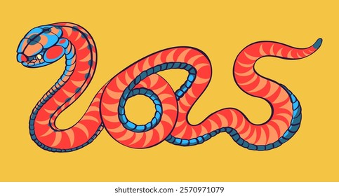 Artistic Representation of the Snake in 2025 - Celebrating the Chinese Zodiac. Concept of Lunar New Year. Hand-Drawn Vector Illustration, Not AI