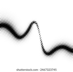 Eine künstlerische Darstellung von Schallwellen, die in einem Halbton-Punktmuster dargestellt werden, wobei schwarze Punkte auf einem weißen Hintergrund verwendet werden, um einen visuellen Rhythmus und Fluss zu schaffen.