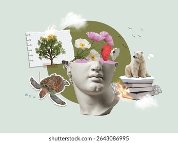 An artistic representation of a thoughtful head surrounded by nature, emphasizing mindfulness and conservation.