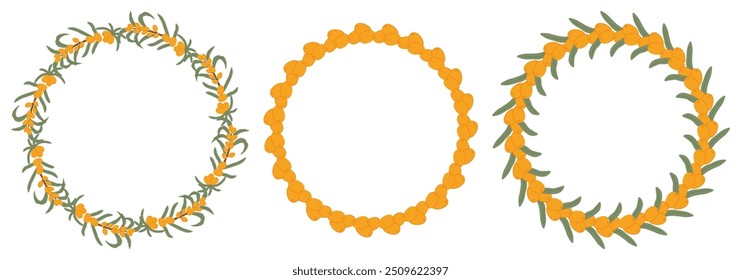 Artistic representation of three sea buckthorn berry wreaths with green leaves, showcasing circular formations of the radiant orange berries and rich green foliage.