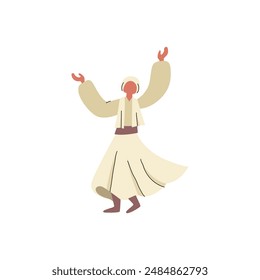 An artistic representation of a traditional Male character doing Sufi dance with flat illustration style. Perfect for themes related to spirituality, dance, and cultural art