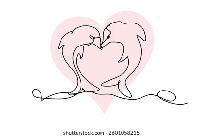 Artistic representation of two dolphins facing each other depicted in a continuous line drawing style. Soft pink heart shape in background accentuates their connection and harmony.