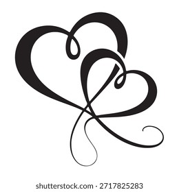 Una representación artística de dos corazones entrelazados en un hermoso estilo de caligrafía fluida sobre un fondo blanco liso.