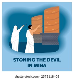 Artistic representation of two pilgrims performing the religious ritual of throwing pebbles at Mina during the annual pilgrimage, Hajj. Flat vector modern illustration