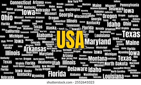 Una representación artística de los Estados Unidos con cada nombre de estado presentado en tipografía en negrita. El diseño destaca los 50 estados, creando una atractiva e informativa obra de arte de mapas.