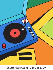 Artistic Representation of a Vintage Turntable and Vinyl Disk with Colorful Background Elements