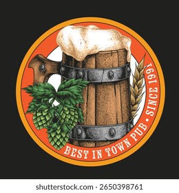 An artistic representation of a wooden beer mug filled with frothy beer. Surrounding hops and barley signify a rich brewing tradition. This design celebrates the pub culture.