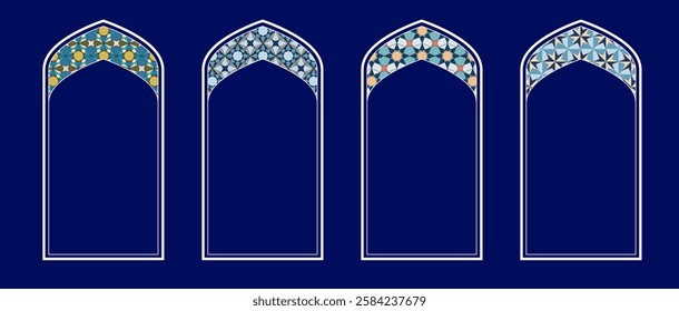 Artistic representations of Islamic window shapes display vibrant geometric patterns in rich colors.