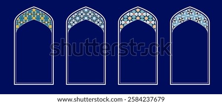 Artistic representations of Islamic window shapes display vibrant geometric patterns in rich colors.