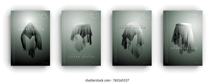 Artistic retro cover design. Vintage colors backgrounds. Hidden cloth-covered figures. Fabric that consists of lines.  Simple geometric forms under the draperies. Eps10 vector 