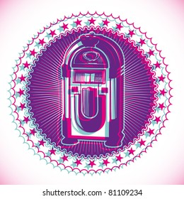 Artistic retro emblem with jukebox. Vector illustration.