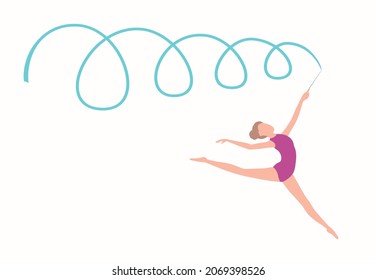 Artistic Rhythmic Gymnastic. Sport dance performance. Abstract girl gymnast with ribbon. Vector illustration.