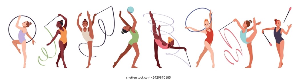 Artistic rhythmic gymnasts. Acrobatic girls with ribbons, balls and hoops, flexibility and lightness, professional athletes. Sports performance cartoon flat style isolated tidy vector set